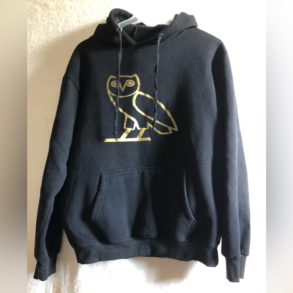 Ovo imitation gold owl black drawstring hoodie - Picture 1 of 3
